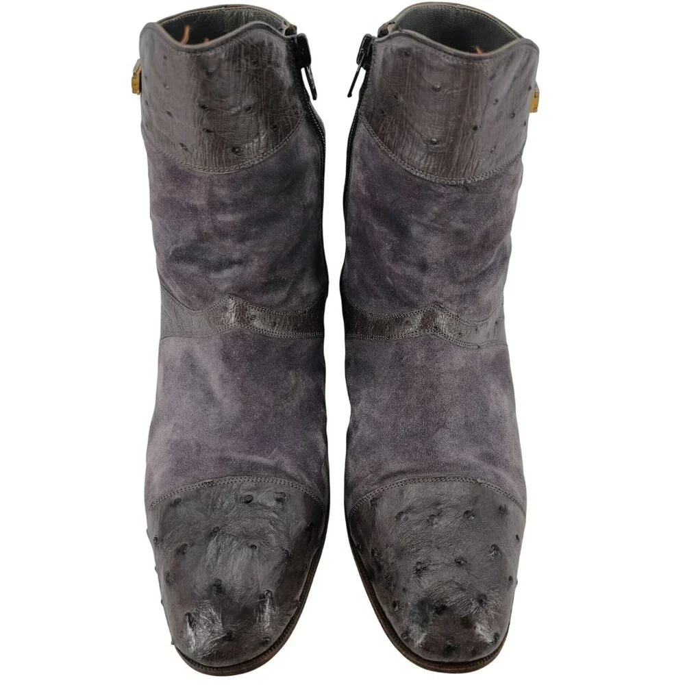 Vintage Mauri Exotic Ostrich and Suede Gray Dress Shoes Mens 8.5 Ankle Zip Boots - Picture 15 of 16